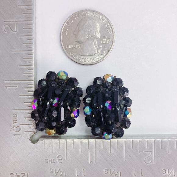 VTG Western German Glass AB Jet Black Cluster Clip On Earrings 1960s Cocktail - Picture 10 of 12